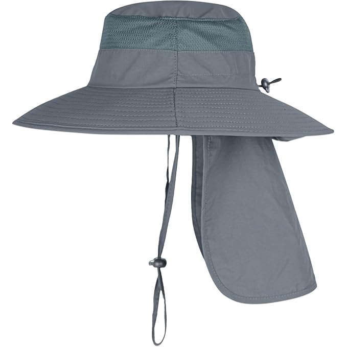 Wide-Brim Bucket Sun Hat with Neck Flap