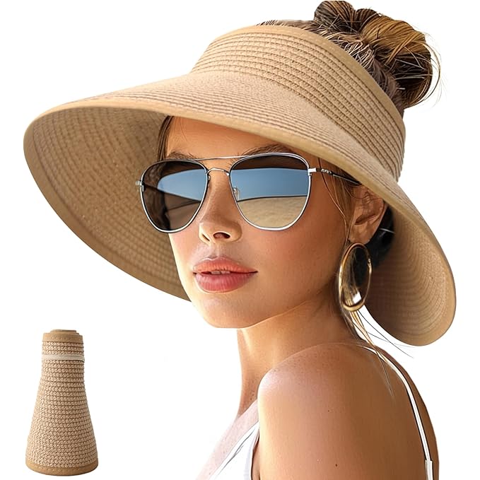 NPJY Sun Hats for Women Wide Brim Roll-Up Beach Ponytail Hat Packable Foldable Travel Straw Visor