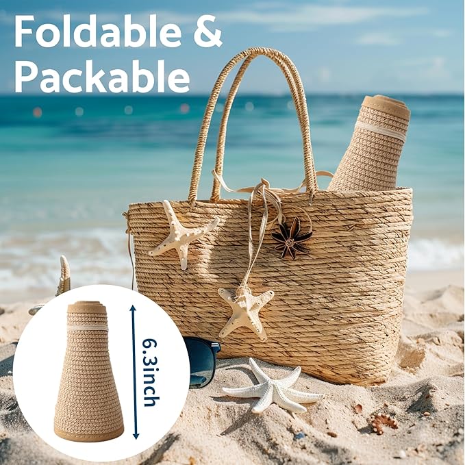 NPJY Sun Hats for Women Wide Brim Roll-Up Beach Ponytail Hat Packable Foldable Travel Straw Visor