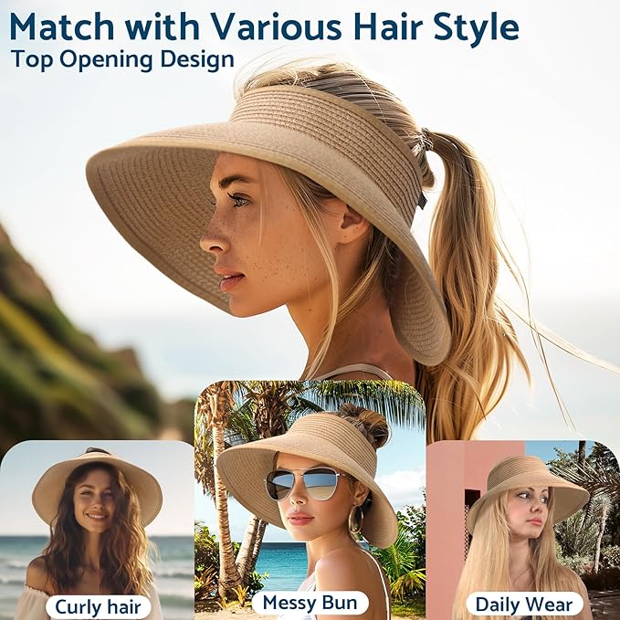 NPJY Sun Hats for Women Wide Brim Roll-Up Beach Ponytail Hat Packable Foldable Travel Straw Visor